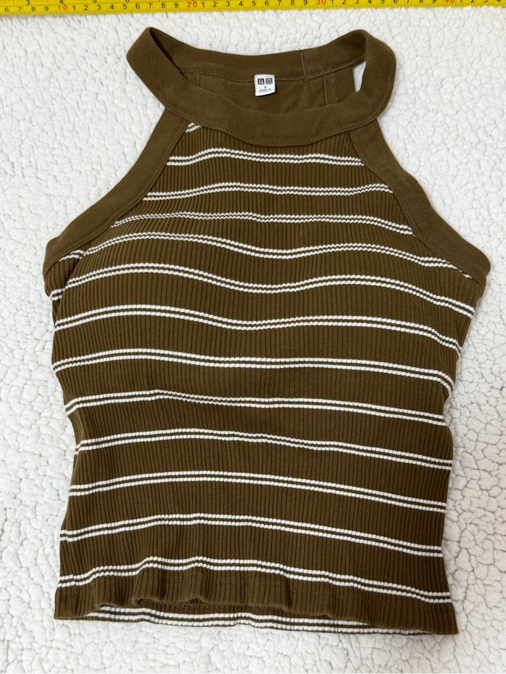 Uniqlo Olive Green Ribbed Halter Tank with White Stripes